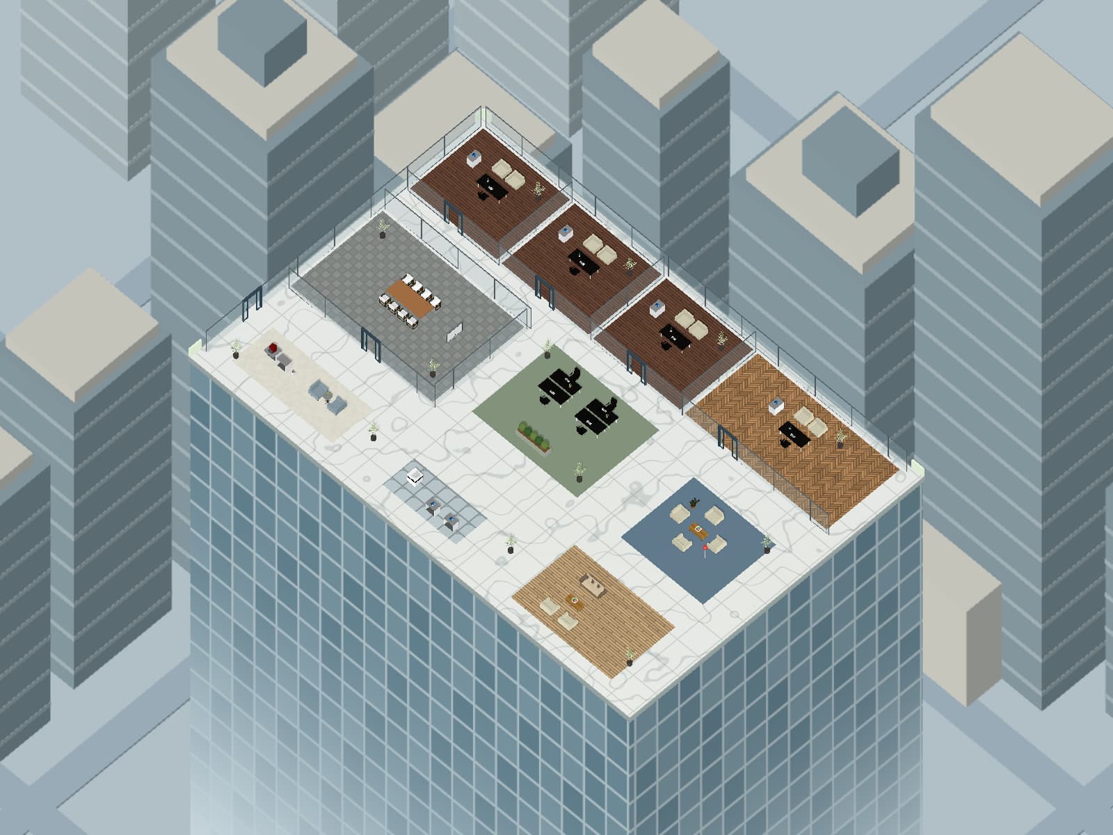 Shanghai Sky Office · 29F · Office overview preview: glass offices, meeting area, central desks, and lounge
